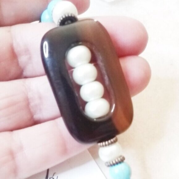 Classy! Chic! Upscale Bougie Boho! Beaded Mixed Stone + Faux Pearl Bracelet 7-8" - Picture 6 of 8